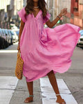 Summer Long V-Neck Boho Chic Dress Casual Holiday Beach Dress Loose Short Sleeve Dresses