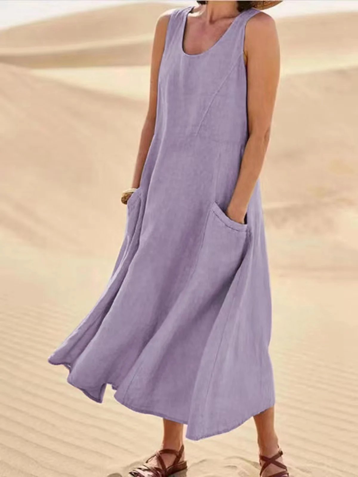 Casual Solid Dress Sleeveless Sun Dresses with Pocket
