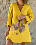 V-Neck Baggy Midi Dress Tshirt Top Long -Sleeve A Line Swing Dress