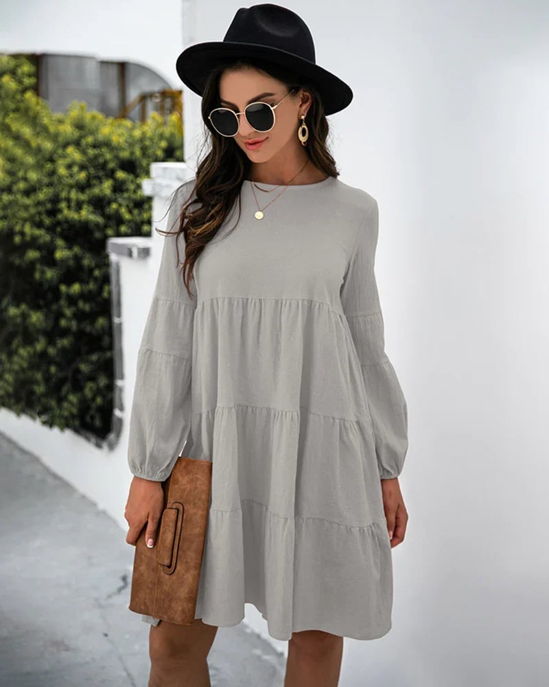 Long Puff Sleeve Shirt Dress Casual Crewneck Loose Fit Sundress Trendy Tiered Layer Summer Mini Dresses