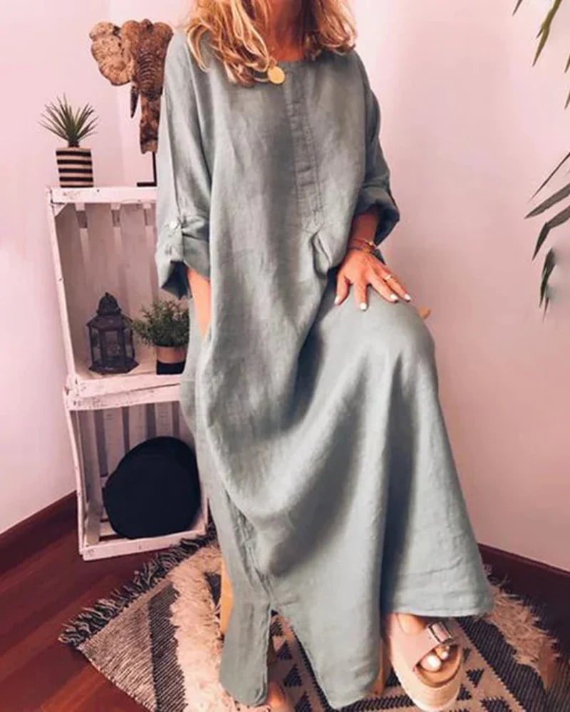 Long Sleeve Solid Color Plus Size Loose Fit Maxi Dress Round Neck Button Up Dresses with Pocket