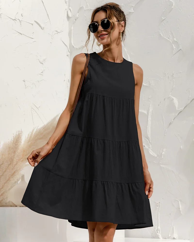 Solid Sleeveless Ruffle Sundress Round Neck A Line Pleated Mini Short T Shirt Dress