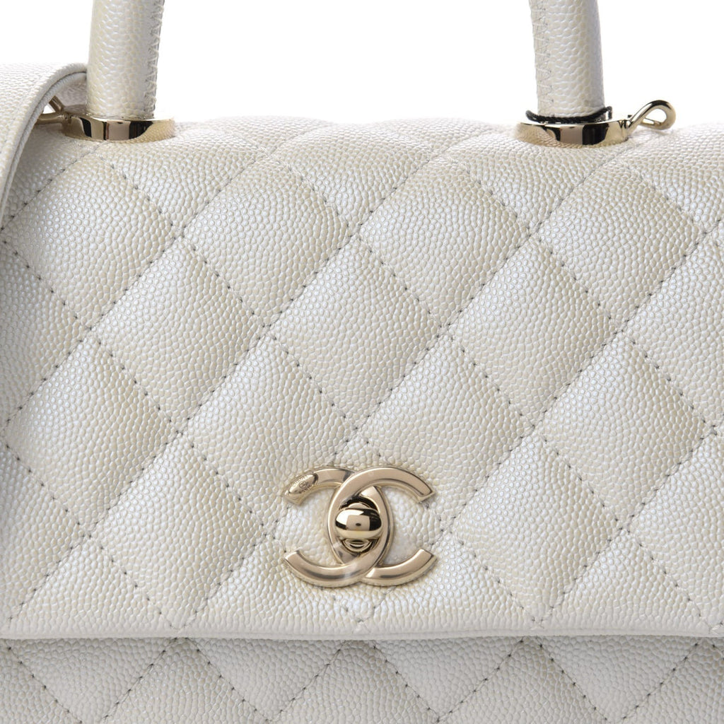 Elegant Iridescent Caviar Quilted Mini Coco Handle Flap White