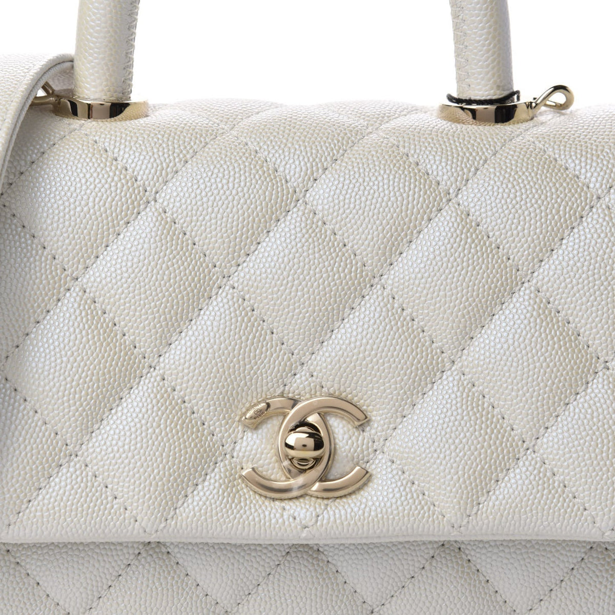 Elegant Iridescent Caviar Quilted Mini Coco Handle Flap White