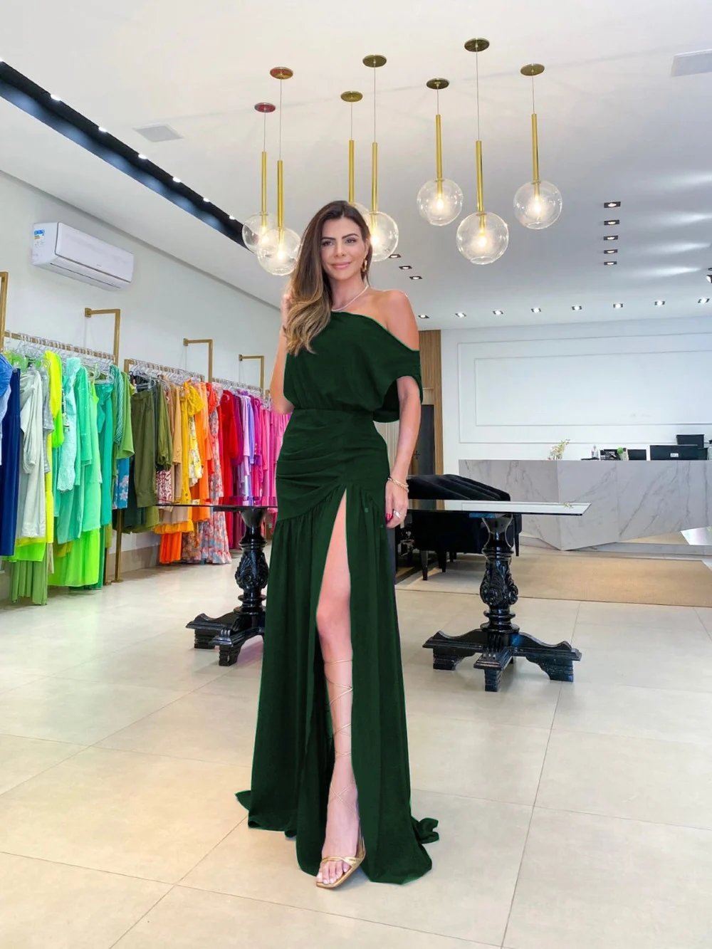 Slant shoulder waist slit dress
