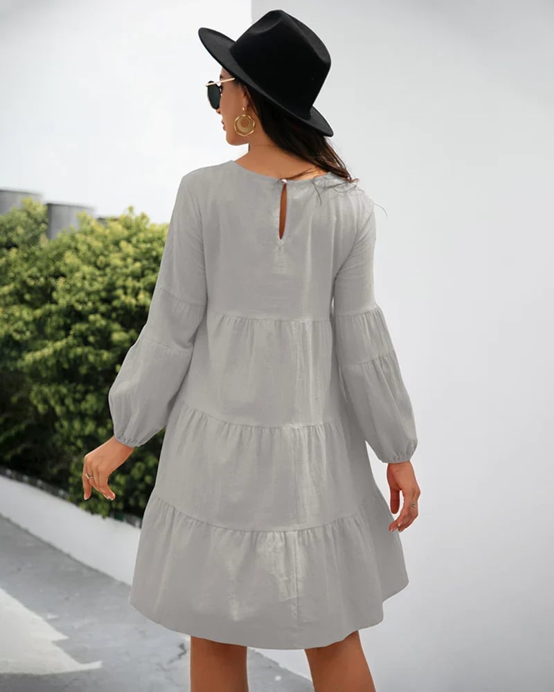 Long Puff Sleeve Shirt Dress Casual Crewneck Loose Fit Sundress Trendy Tiered Layer Summer Mini Dresses