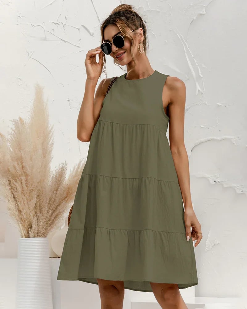Solid Sleeveless Ruffle Sundress Round Neck A Line Pleated Mini Short T Shirt Dress
