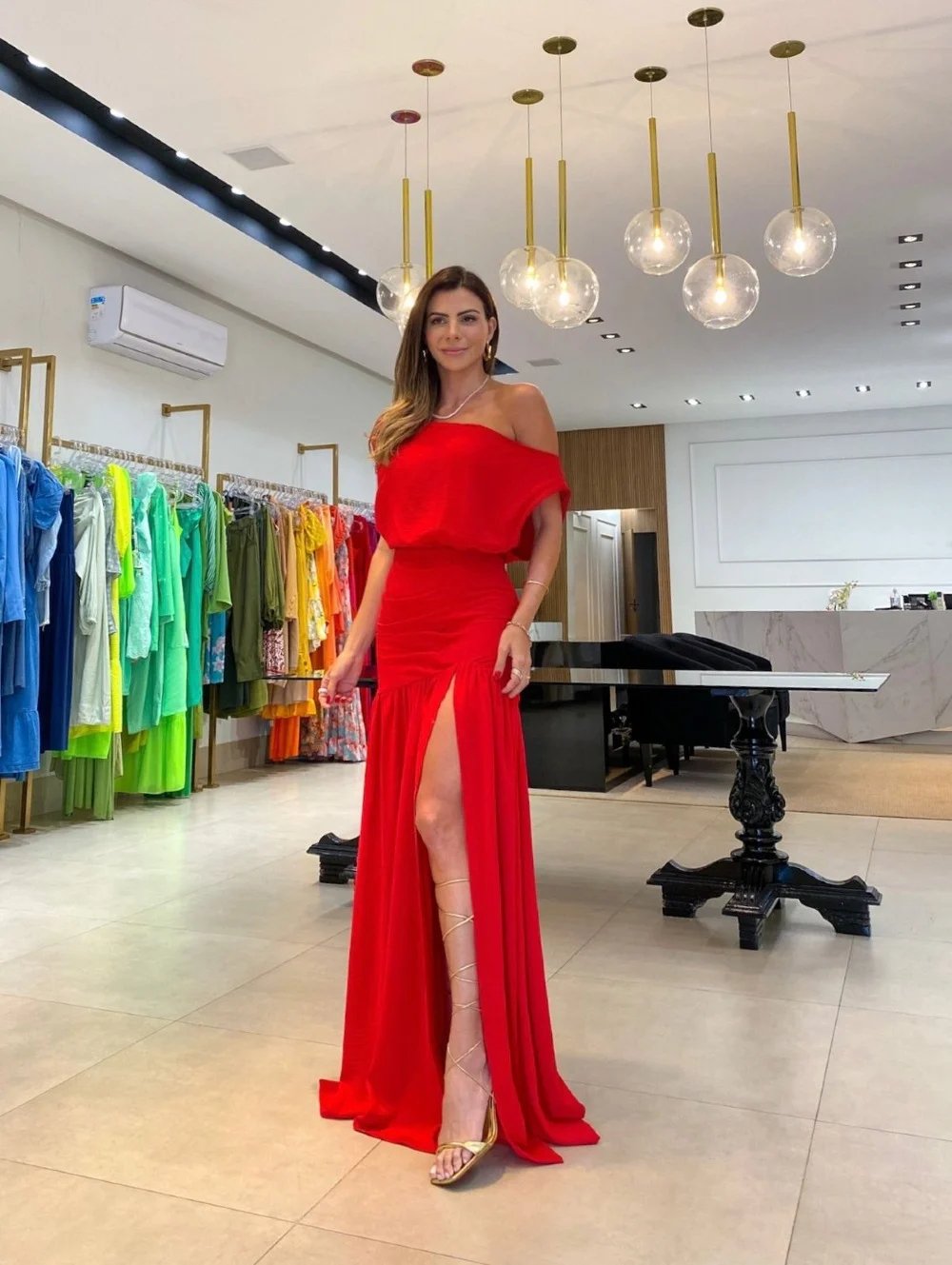 Slant shoulder waist slit dress