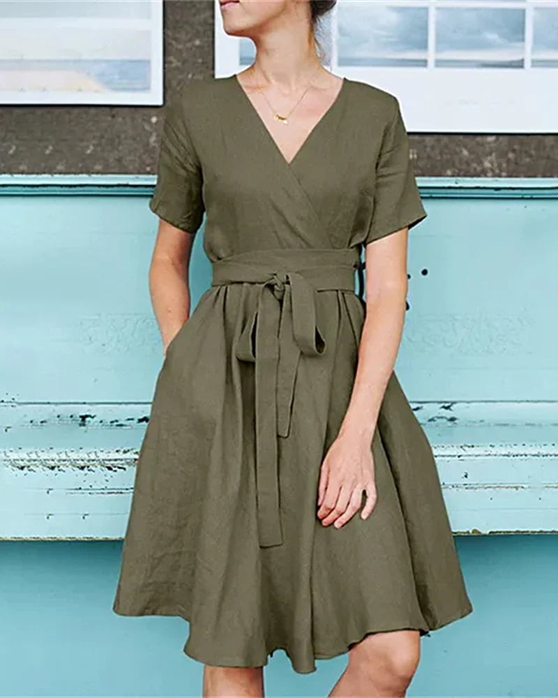 Short Sleeved With Belted Dress Holiday Dresses