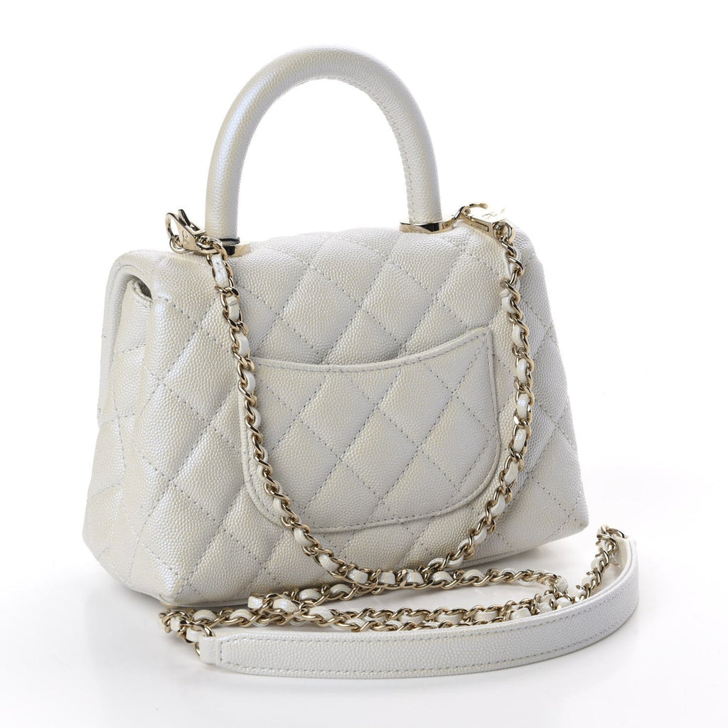 Elegant Iridescent Caviar Quilted Mini Coco Handle Flap White