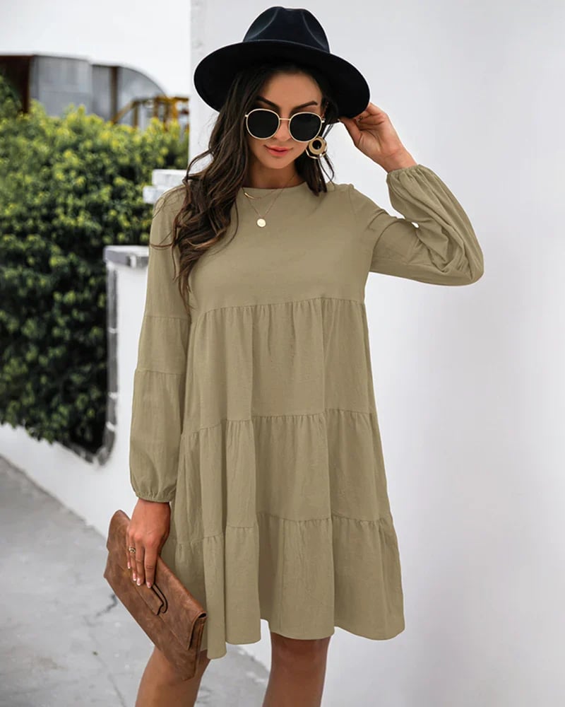 Long Puff Sleeve Shirt Dress Casual Crewneck Loose Fit Sundress Trendy Tiered Layer Summer Mini Dresses