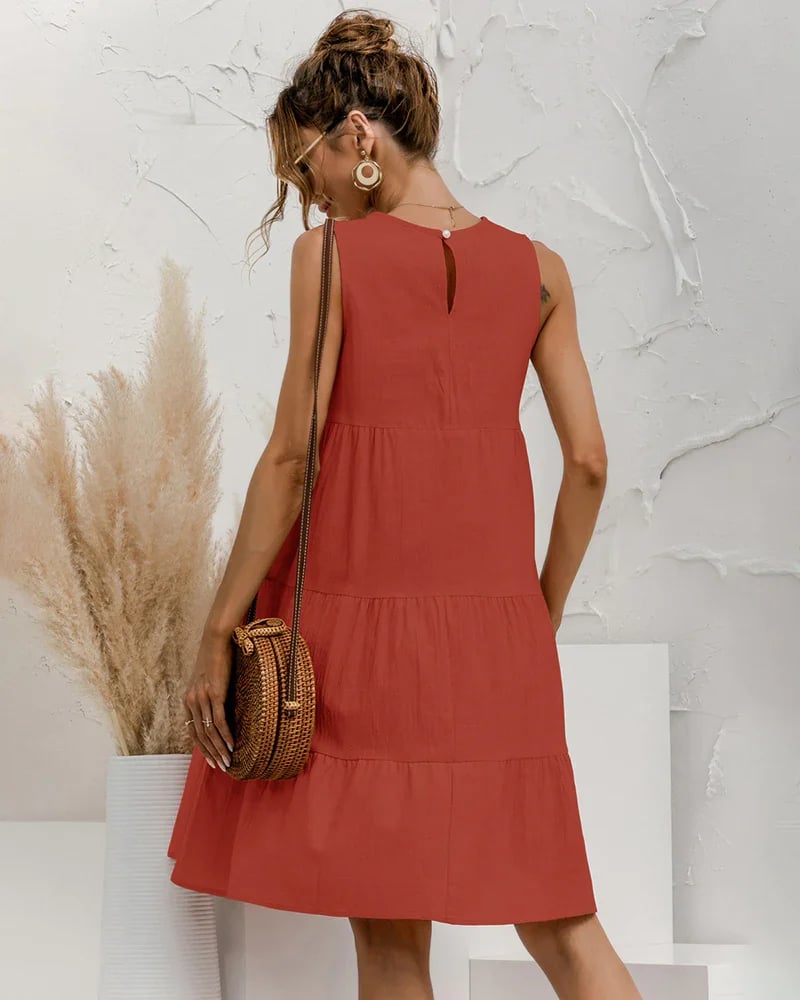 Solid Sleeveless Ruffle Sundress Round Neck A Line Pleated Mini Short T Shirt Dress