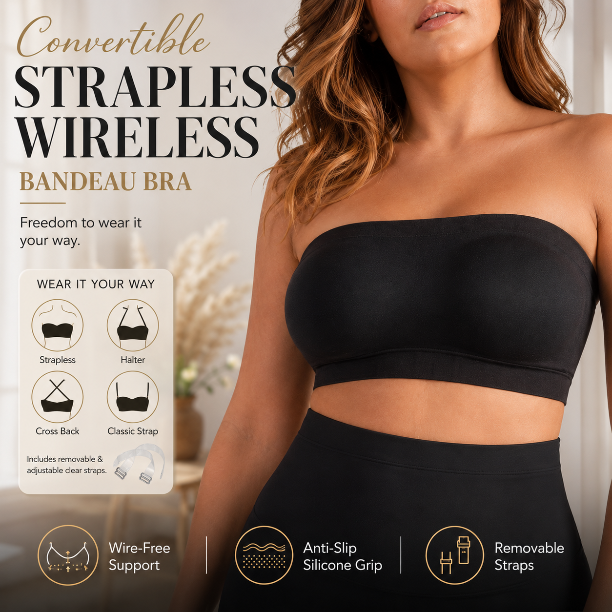 Convertible Strapless Wireless Bandeau Bra e???e???