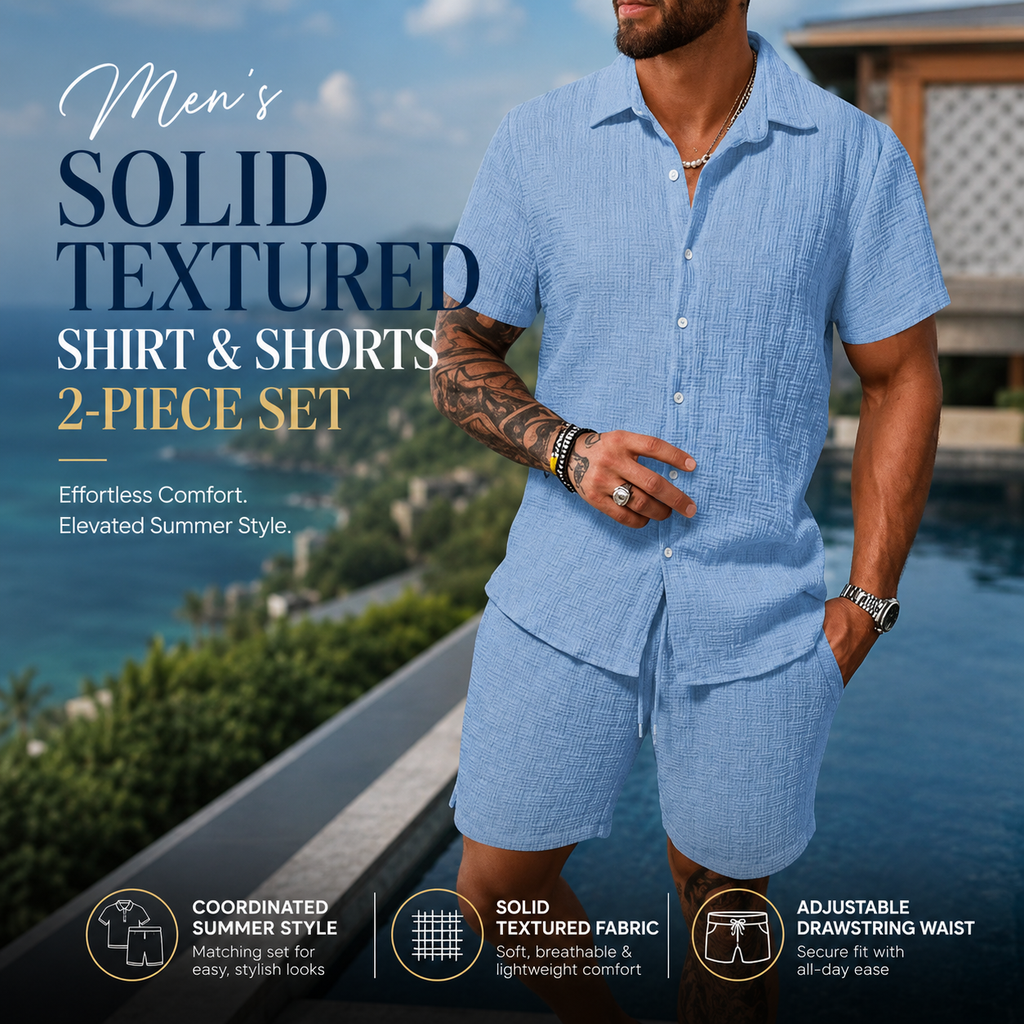 Men's Solid Textured Shirt & Shorts 2-Piece Set ☀️🌴