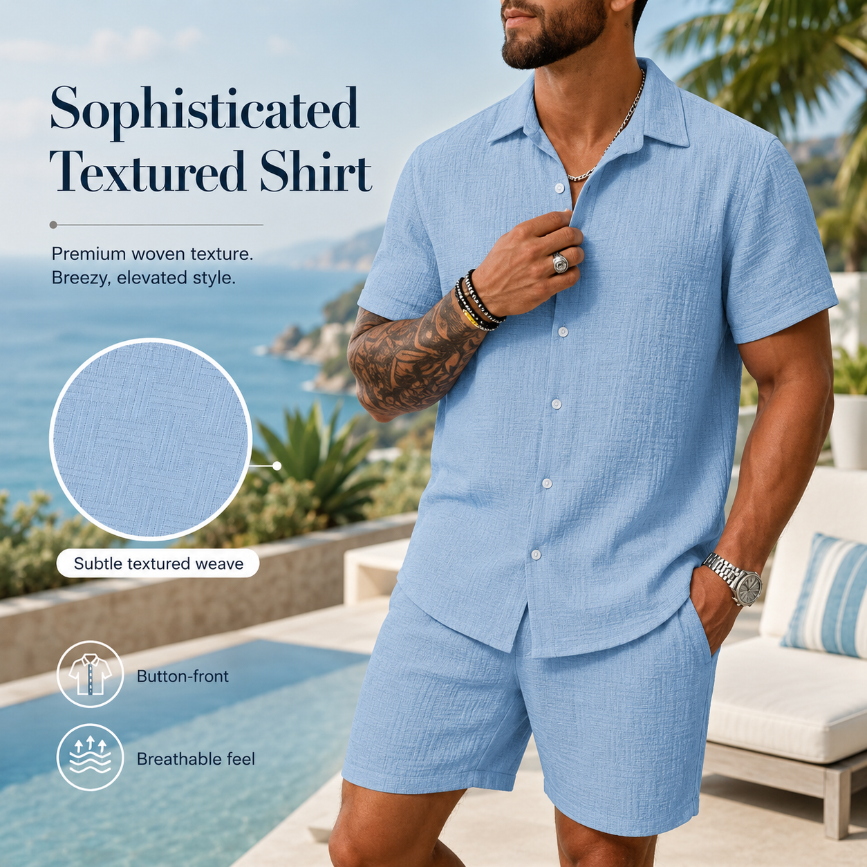 Men's Solid Textured Shirt & Shorts 2-Piece Set ☀️🌴
