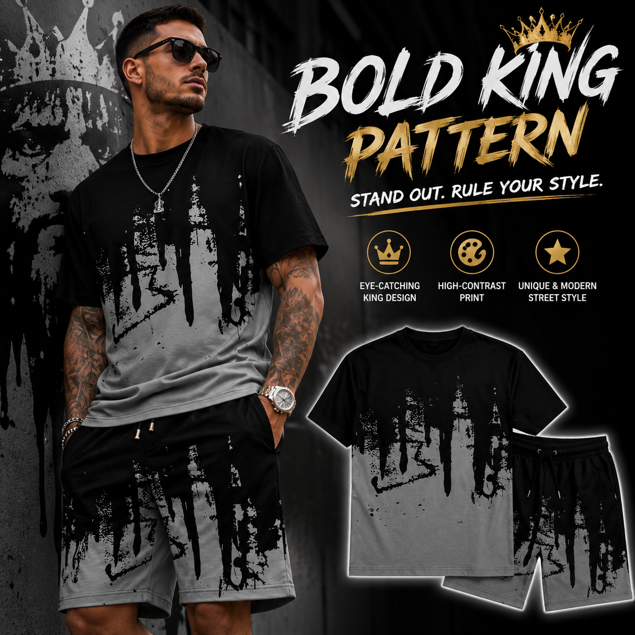 Men's Bold King Pattern T-Shirt & Shorts 2-Piece Set 👑☀️