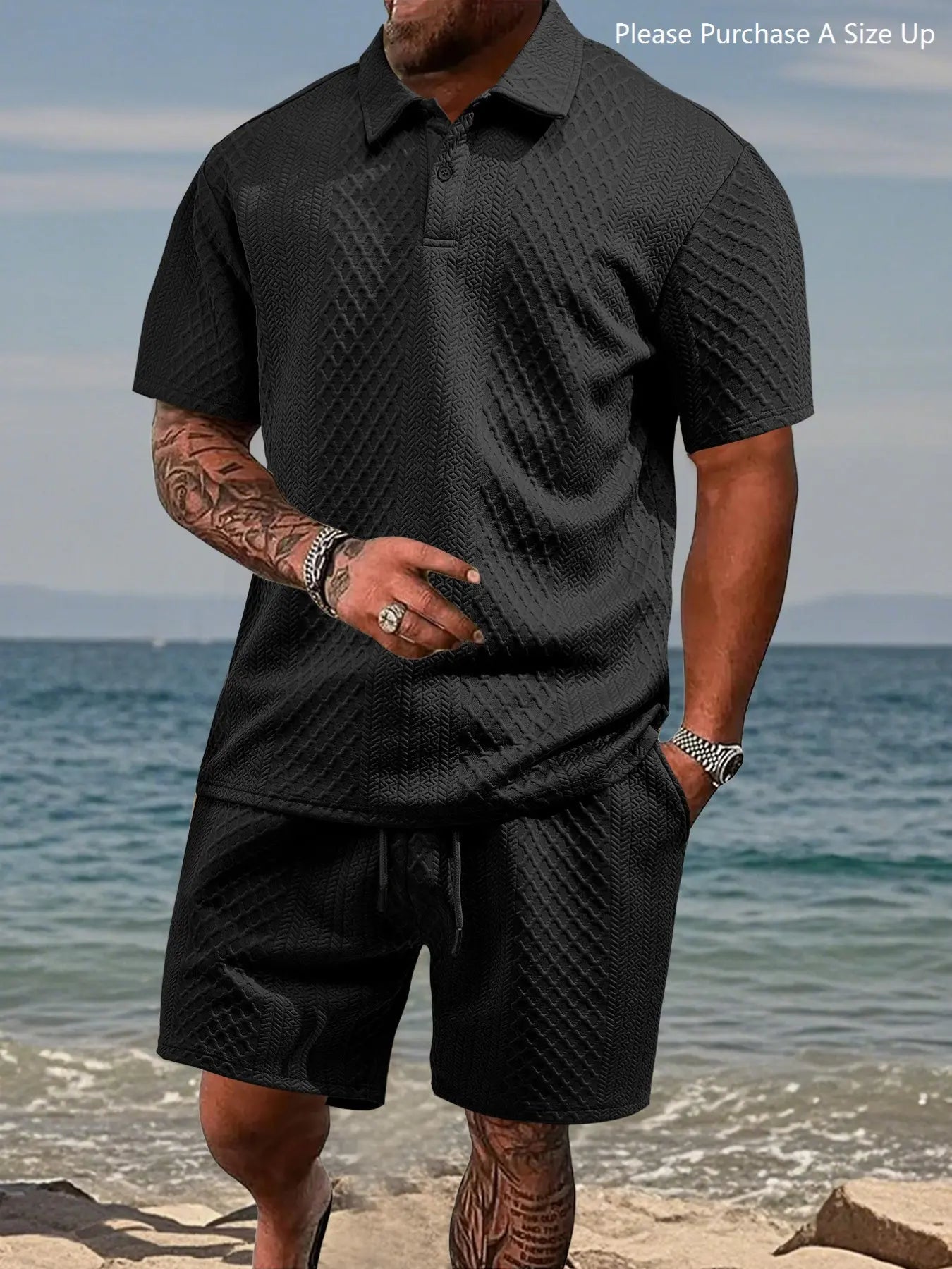 Men's Solid Polo Shirt & Drawstring Shorts Two-Piece Set