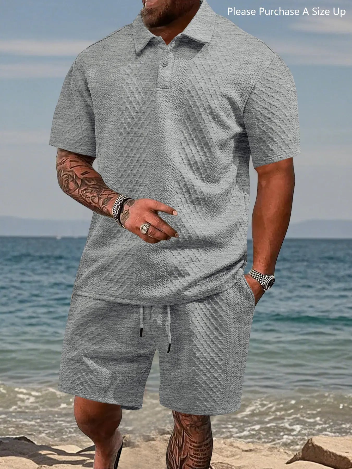 Men's Solid Polo Shirt & Drawstring Shorts Two-Piece Set
