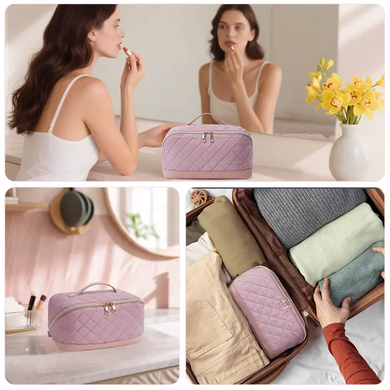 Quilted Lay-Flat Travel Makeup Bag