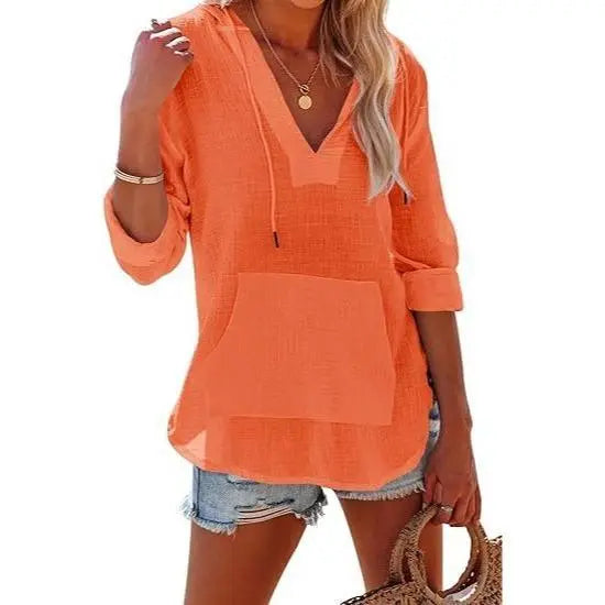 Women's V-Neck Beach Cover-Up Hoodie e??????e???