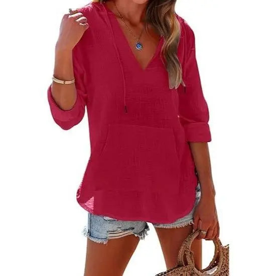 Women's V-Neck Beach Cover-Up Hoodie e??????e???