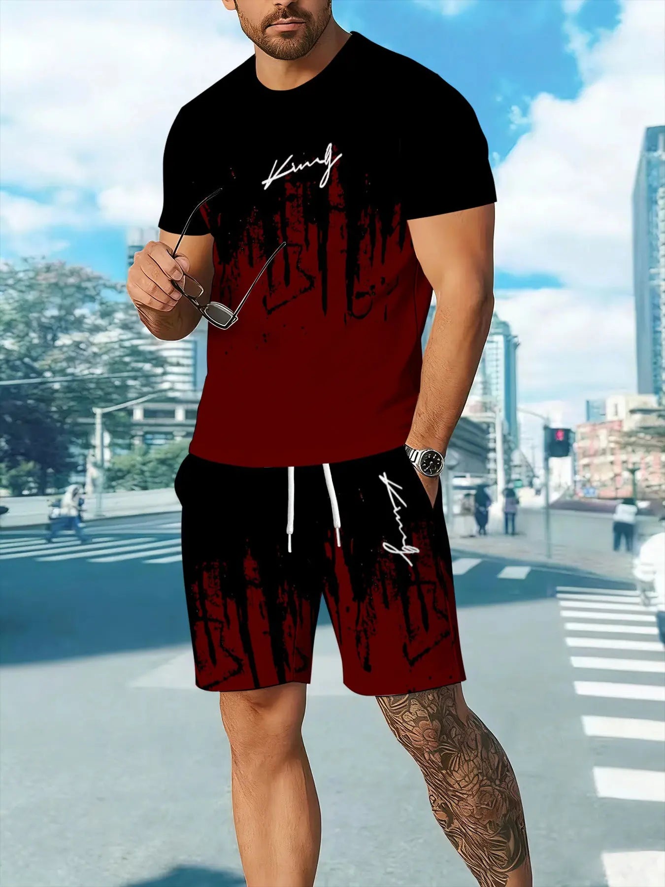 Men's Bold King Pattern T-Shirt & Shorts 2-Piece Set 👑☀️