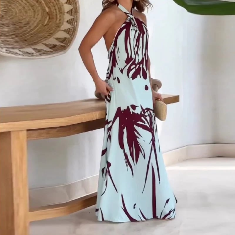 Hawaiian print lace sleeveless open-neck dress