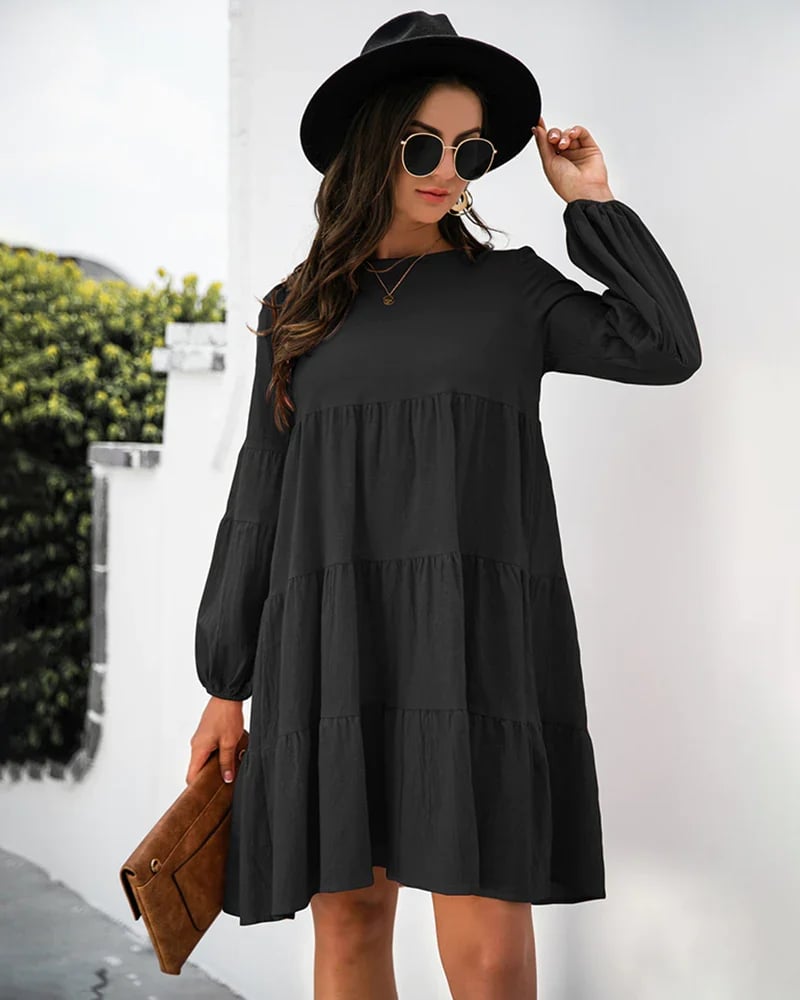 Long Puff Sleeve Shirt Dress Casual Crewneck Loose Fit Sundress Trendy Tiered Layer Summer Mini Dresses