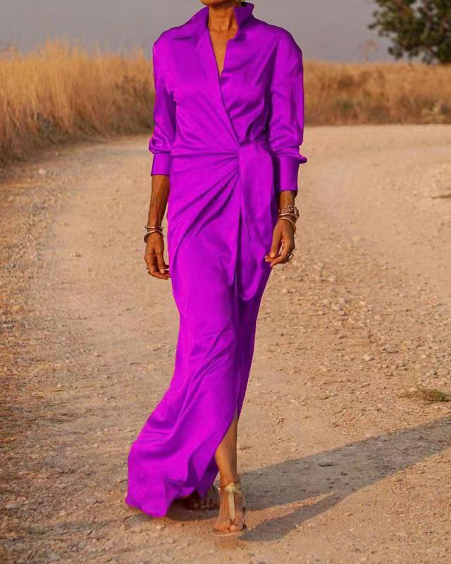 Lace Up High Waist Split Maxi Dress Long Sleeve Lapel Collar Sexy Dress