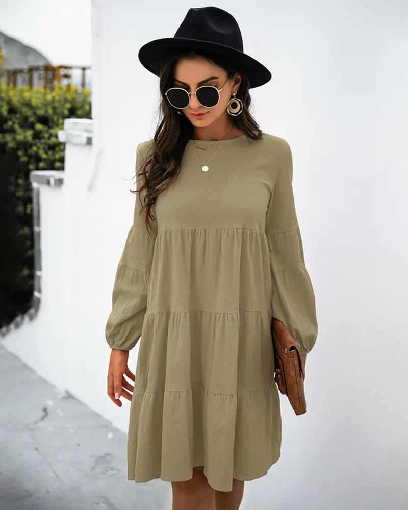 Long Puff Sleeve Shirt Dress Casual Crewneck Loose Fit Sundress Trendy Tiered Layer Summer Mini Dresses