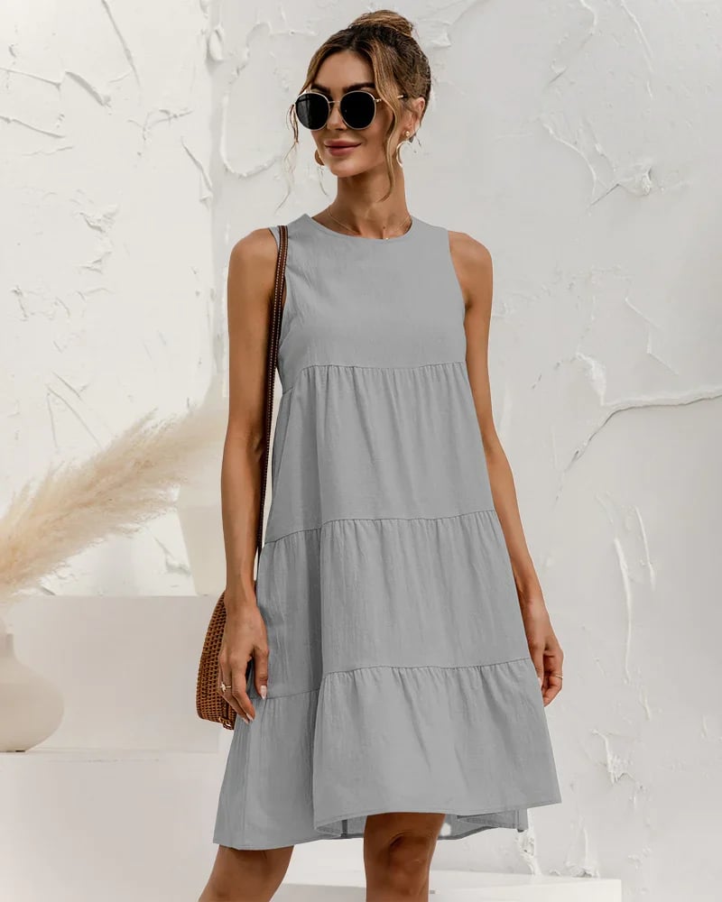 Solid Sleeveless Ruffle Sundress Round Neck A Line Pleated Mini Short T Shirt Dress