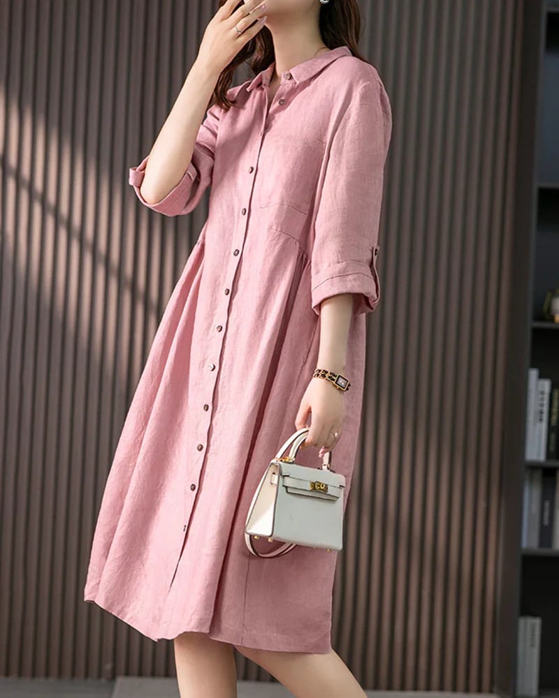 Loose Solid Color Cotton and Linen Three-quarter Sleeve Dress Mid-length Shirt Dress
