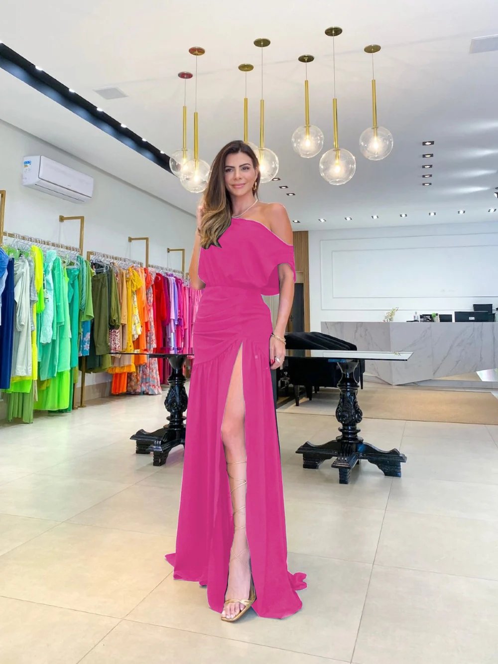 Slant shoulder waist slit dress