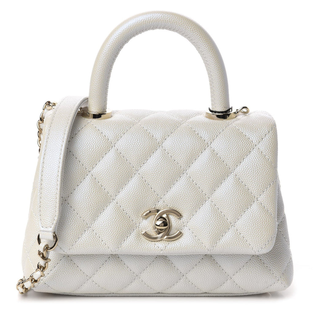 Elegant Iridescent Caviar Quilted Mini Coco Handle Flap White