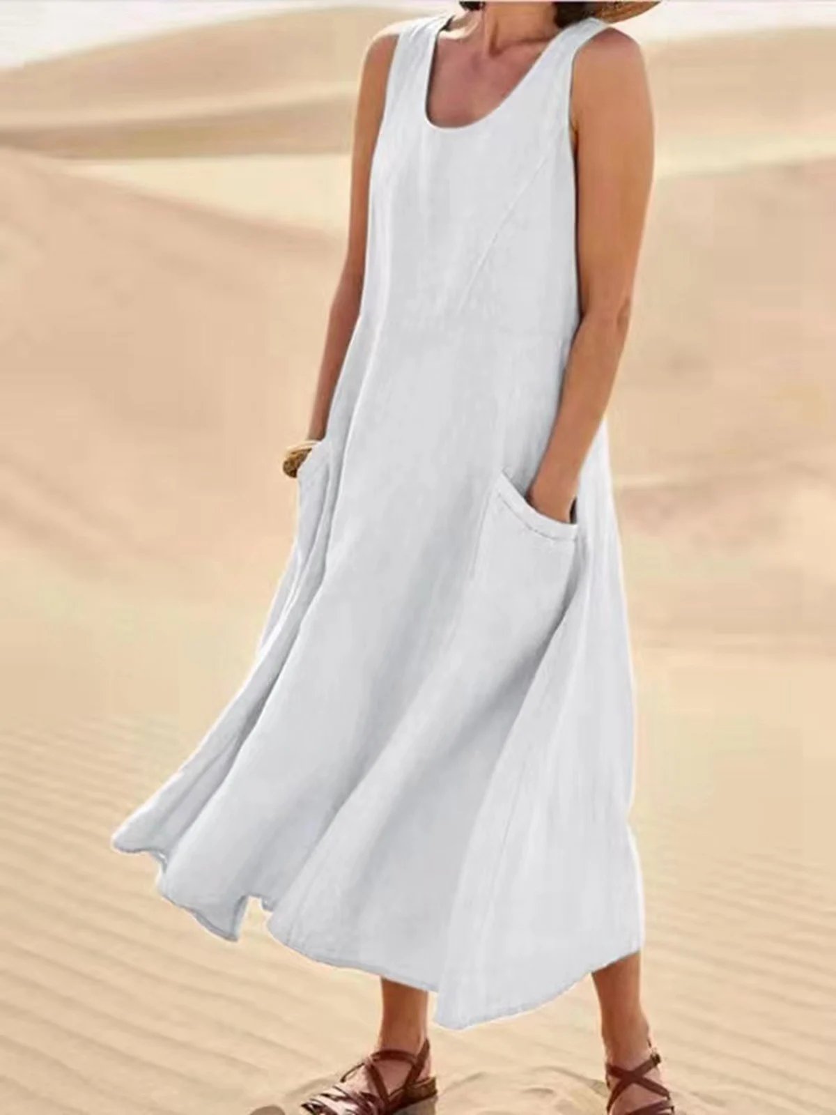 Casual Solid Dress Sleeveless Sun Dresses with Pocket