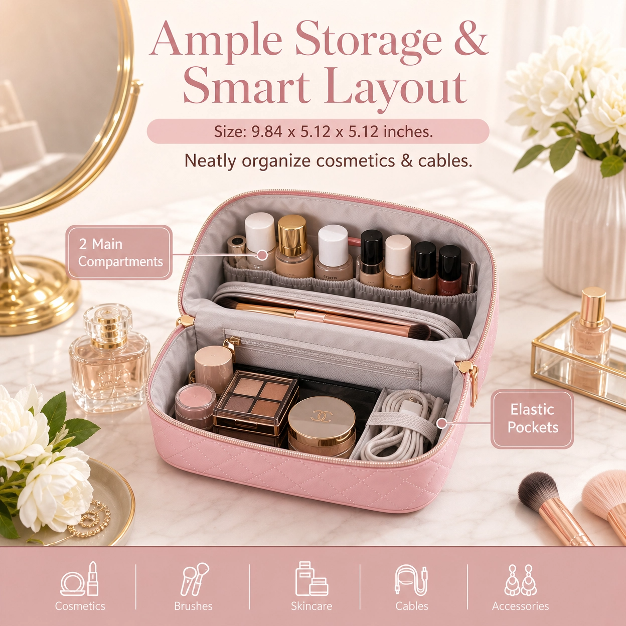 Quilted Lay-Flat Travel Makeup Bag